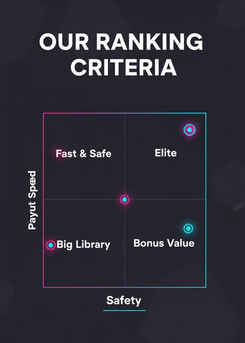 Our ranking criteria for the top 10 best online casinos — safety and payout speed plotted from elite to bonus value.