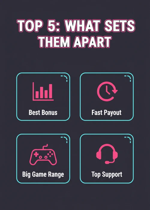 What sets the top 5 best online casinos apart — best bonus, fast payout, big game range and top support.