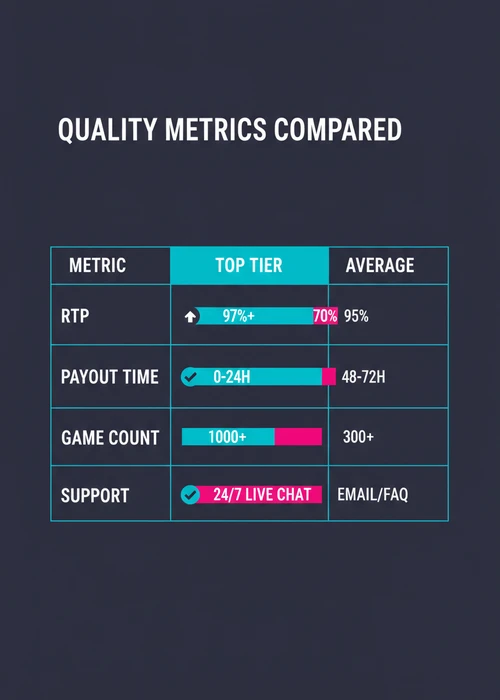 Quality metrics compared at the best online casino — RTP, payout time, game count and support, top tier versus average.