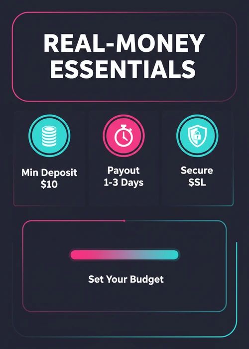 Real-money essentials at the best online casino — $10 min deposit, 1-3 day payout and secure SSL with budget control.