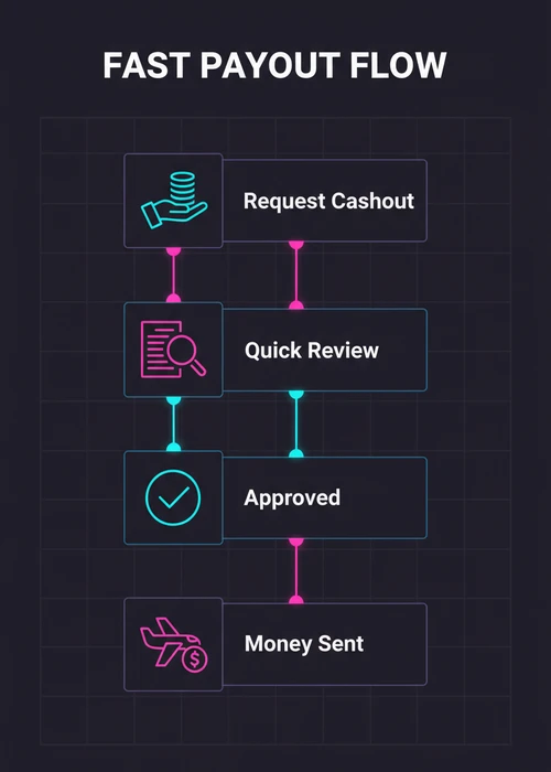 Fast payout flow at the best online casino — request cashout, quick review, approval and money sent.