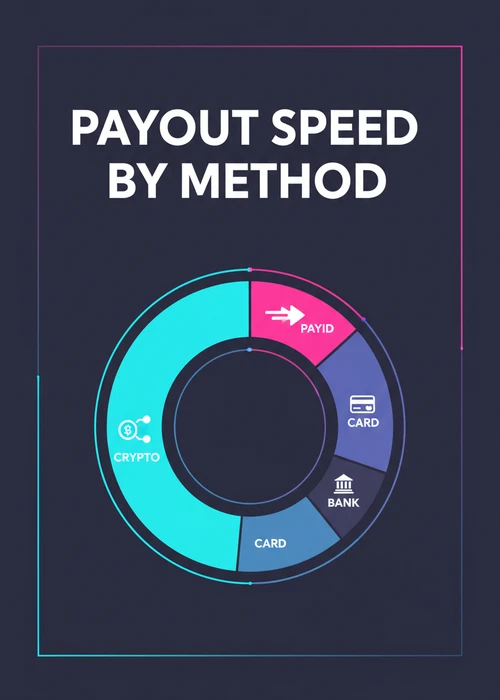 Payout speed by method at a same-day payout online casino — crypto, PayID, card and bank in a segmented ring.