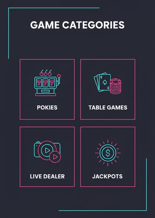 Game categories at the best online casino — pokies, table games, live dealer and jackpots.