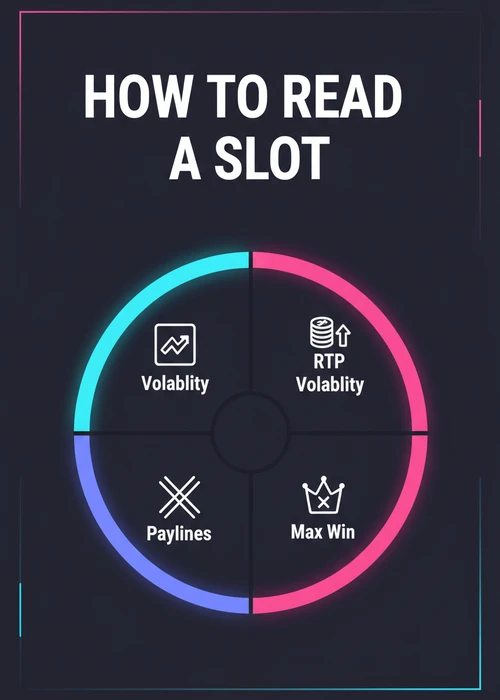 How to read a slot at the best online casino — RTP, volatility, max win and paylines shown as a segmented ring.