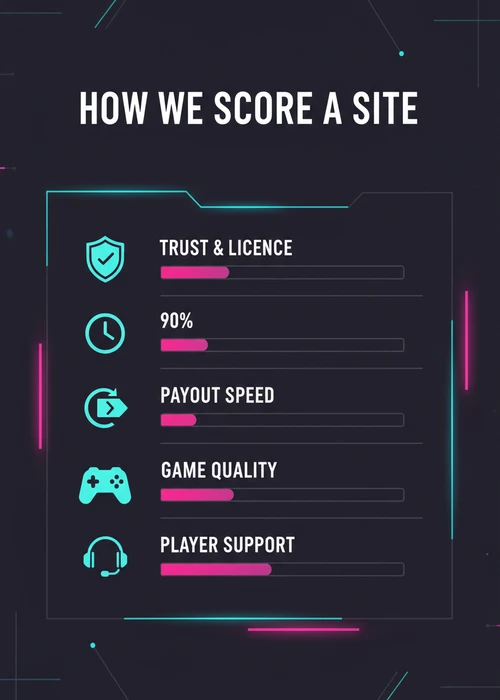 How we score a rated best online casino — trust and licence, payout speed, game quality and player support.