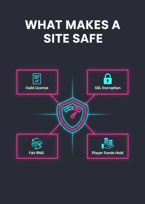What makes a site safe at the safest online casino — valid licence, SSL encryption, fair RNG and player funds held.